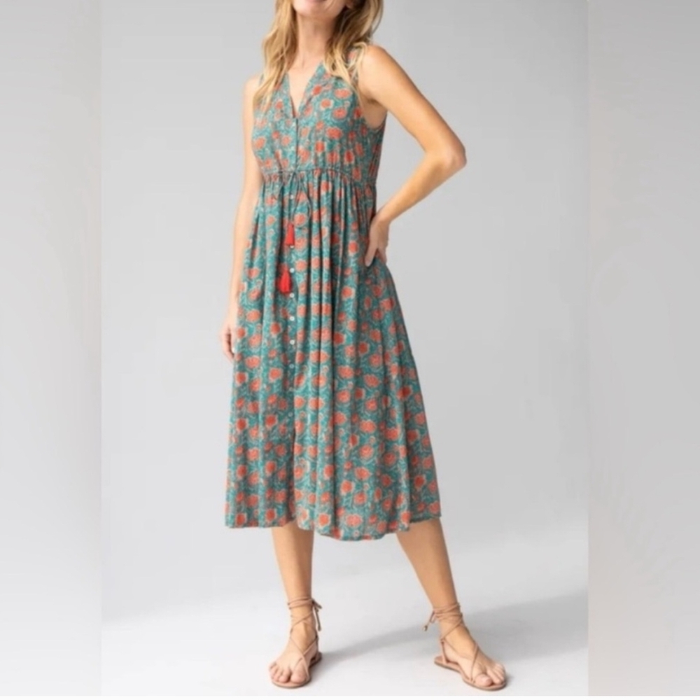 NATURAL LIFE Floral Midi Dress in Teal and Coral